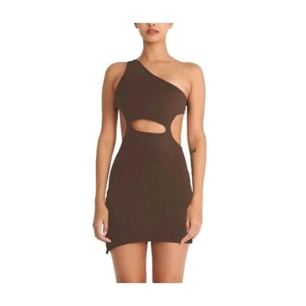 YUYU Active Brown One Shoulder Cutout Mini Dress Sz S Bodycon Sexy Night Out